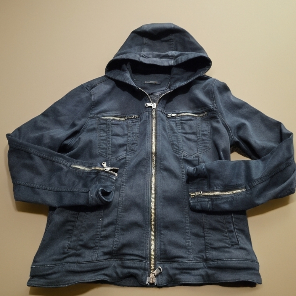 John Varvatos Scott  Hooded Black Denim Jacket Long Sleeve Men’s Size  Large - Picture 2 of 9